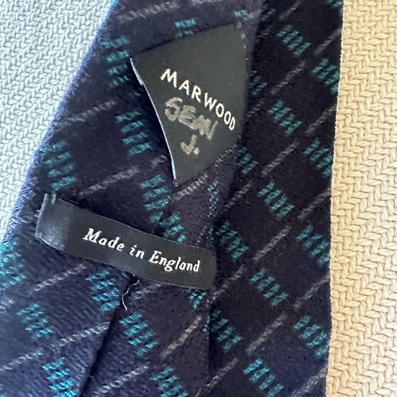 Marwood Made In England Wool And Silk Men’s Tie Navy Blue And Turquoise - Picture 4 of 5